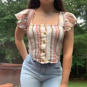 Ruffle sleeve button up top